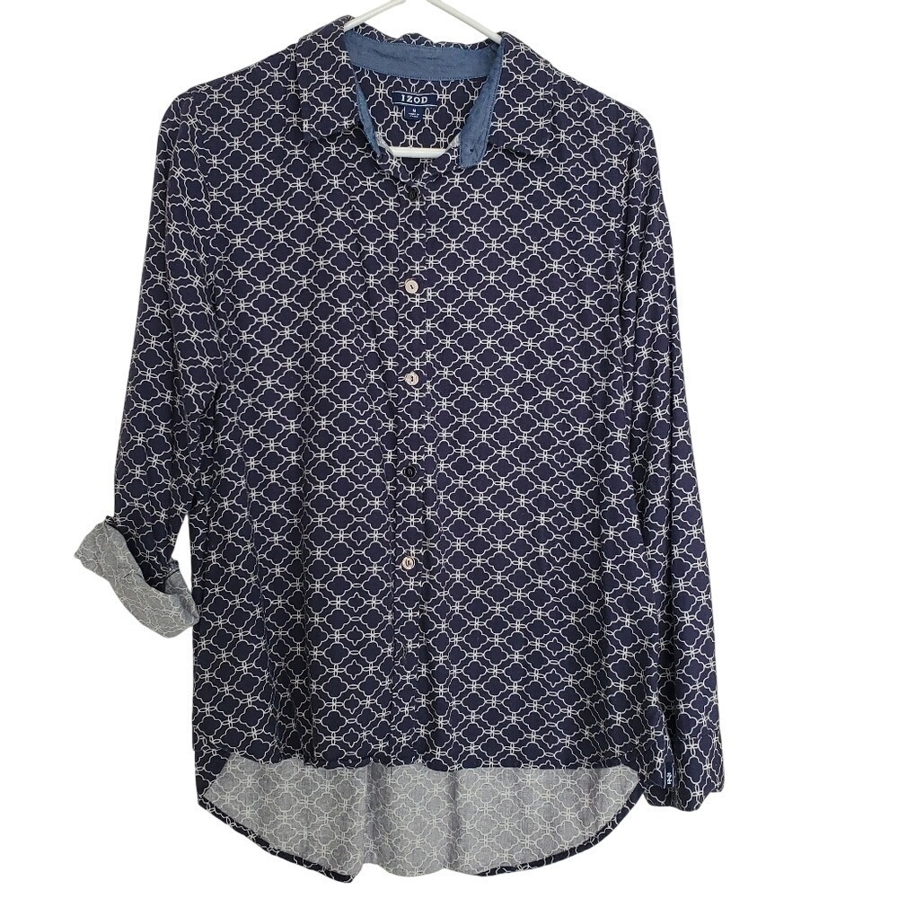 IZOD Casual Women's Top Navy White Geometric Patterned Button Up Shirt SZ:M